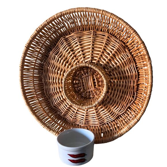 Vintage Wicker Chip and Dip Basket with Ceramic Chili Pepper Bowl – 13” Diameter - Picture 9 of 9